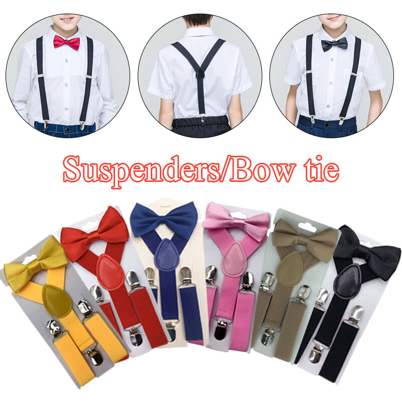 Children Suspenders Bow Tie Set Jeans Polyester Colorful Solid Y-Back Braces Butterfly Adjustable Bow Tie for Boys Suspenders