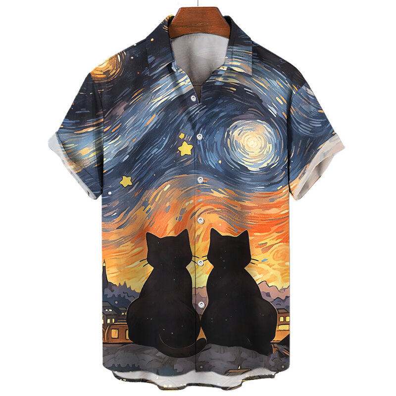 2024 Men's Hawaiian shirt Cat Print abstract pattern short sleeve Shirts loose oversized Unisex summer beach casual shirt tops
