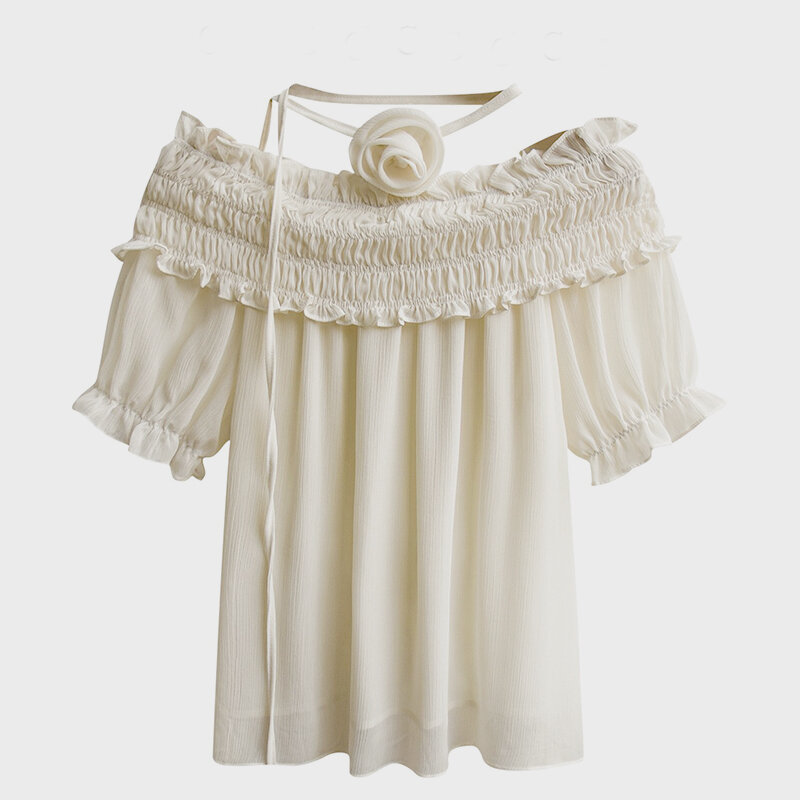 Chemise plissée en mousseline de soie à fleurs pour femmes, manches courtes françaises, élégante et décontractée, douce et sexy, été, Y-26979
