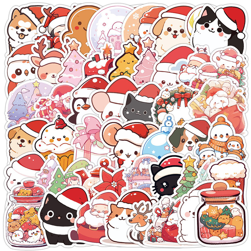 Kawaii Christmas Graffiti Adesivos, Animais fofos dos desenhos animados, Decalques de Papai Noel, Telefone, Guitarra, Caderno, Decoração, 10 Pcs, 30 Pcs, 50Pcs