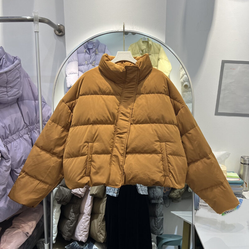 2023 damskie kurtki krótka w dole koreański styl jednolity kolor stójka prosta puszysta luźna termiczna wiatroszczelna odzież biurowa damska