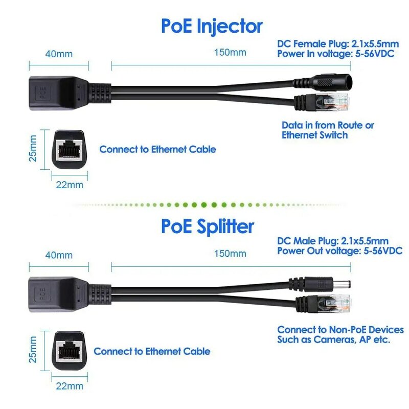 Cavo adattatore POE Montions con connettore cc iniettore RJ45 + Splitter POE DC alimentazione passiva su Ethernet per sistema di telecamere IP