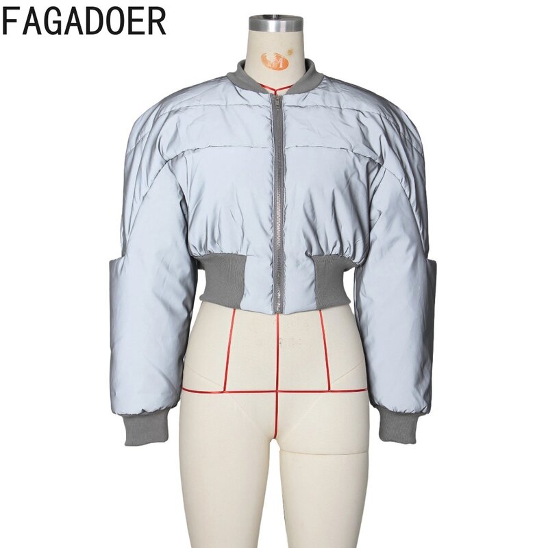 FAGADOER 빛 반사 겨울 따뜻한 빵 파카 재킷, 여성 지퍼, 긴 소매 크롭 코튼 의류, 캐주얼 코트 2023