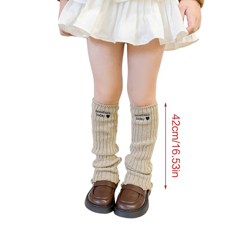 F62d 1 par meias longas bordadas com coração fofo, meias tricô fibra acrílica macias e quentes polainas para crianças