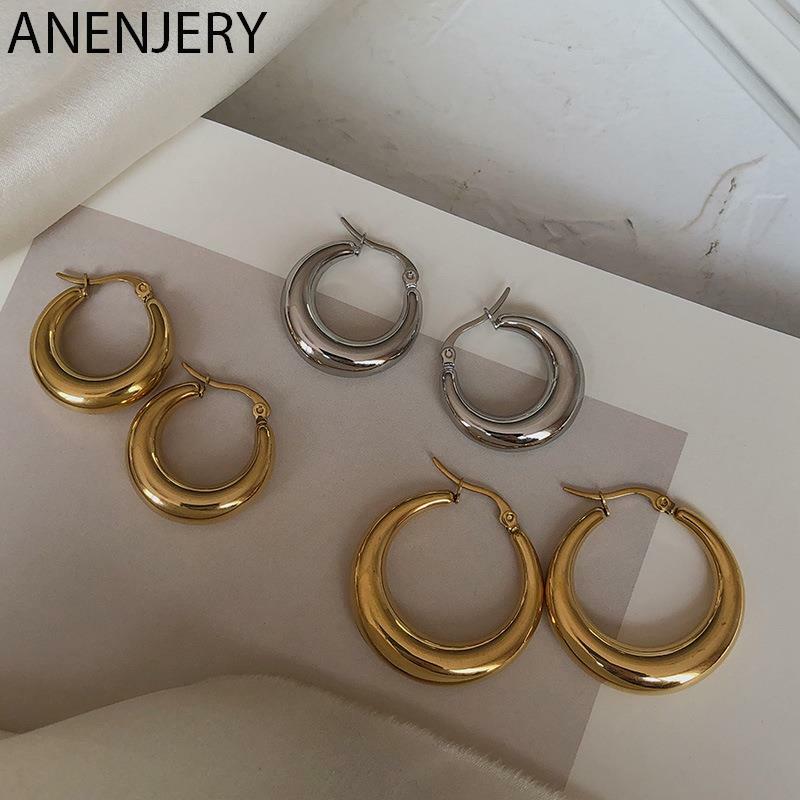 ANENJERY Silber Farbe Chunky Hoop Ohrringe für Frauen Männer Punk Geometrische Ohrringe Edlen Schmuck Großhandel