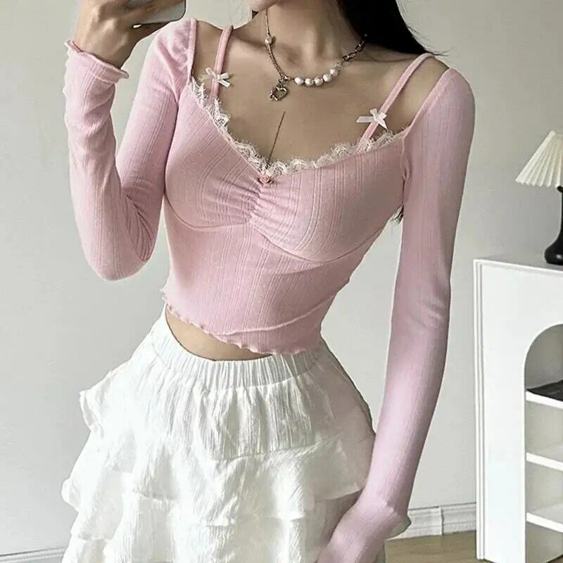 Lace Stitching V-Neck Skinny Top, ajuste fino estético, manga comprida, camisetas de malha, camisetas casuais fofas, coquete rosa doce