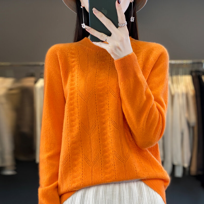 Sweater rajut wanita, atasan rajut longgar lengan panjang berongga leher tinggi setengah buatan tangan tanpa kelim musim gugur musim dingin