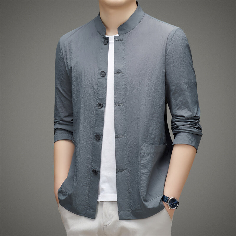 Ice Silk Sun-Protective Clothing Men's Shirt Summer Stand Collar Slightly Wrinkled Casual Breathable Thin Jacket Jacket for Men