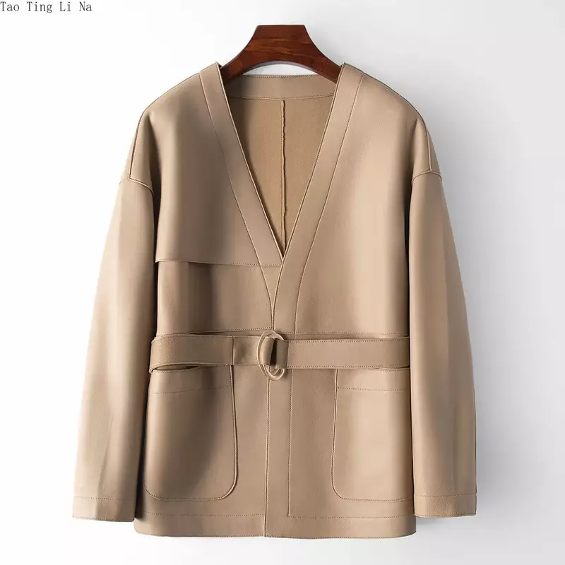 女性のための本革のシープスキンコート,Vネックの本物のシープジャケット,新しいファッション,秋,2023,h25