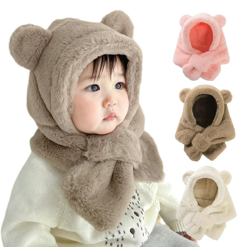 Szalik zimowy czapka dla niemowląt jednoczęściowy czapki dla dzieci ze sztucznego futra Cartoon niedźwiedź ciepłe nauszniki na szyję dla chłopców dziewczynki wiatroszczelne czapki niemowlęce