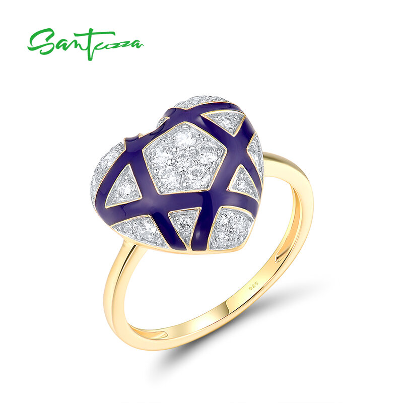 Santuzza 925แท้แหวนเงินสเตอริงสำหรับผู้หญิงประกายสีขาว CZ หัวใจสีฟ้าเคลือบหวานงานแต่งงานชุดเครื่องประดับที่ดี