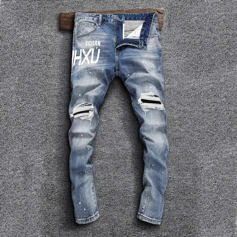 Street Fashion Men Jeans Retro Black Gray Stretch Slim Fit Painted Ripped Jeans Men Printed Designer Hip Hop Denim Pants Hombre