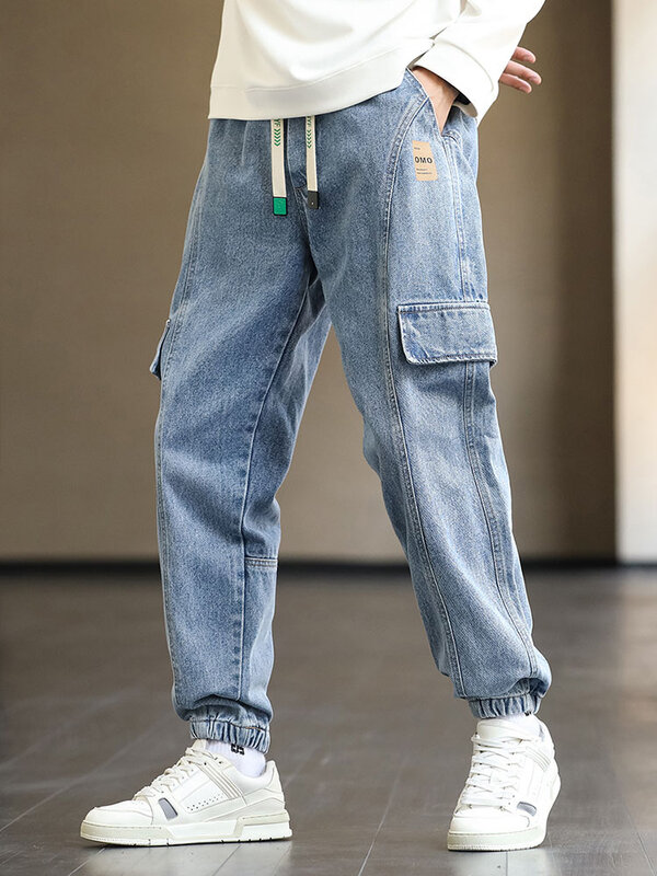 Мужские джинсы-карго размера плюс, уличная одежда в стиле хип-хоп с фальш-карманами, растягивающиеся хлопковые повседневные джинсы, свободные джинсы, брюки 8XL