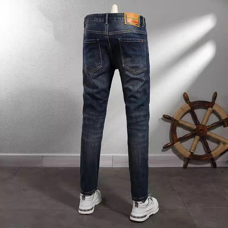 Jeans estilista de elástico fino masculino, moda vintage europeia, jeans azul lavado retrô, calça jeans casual