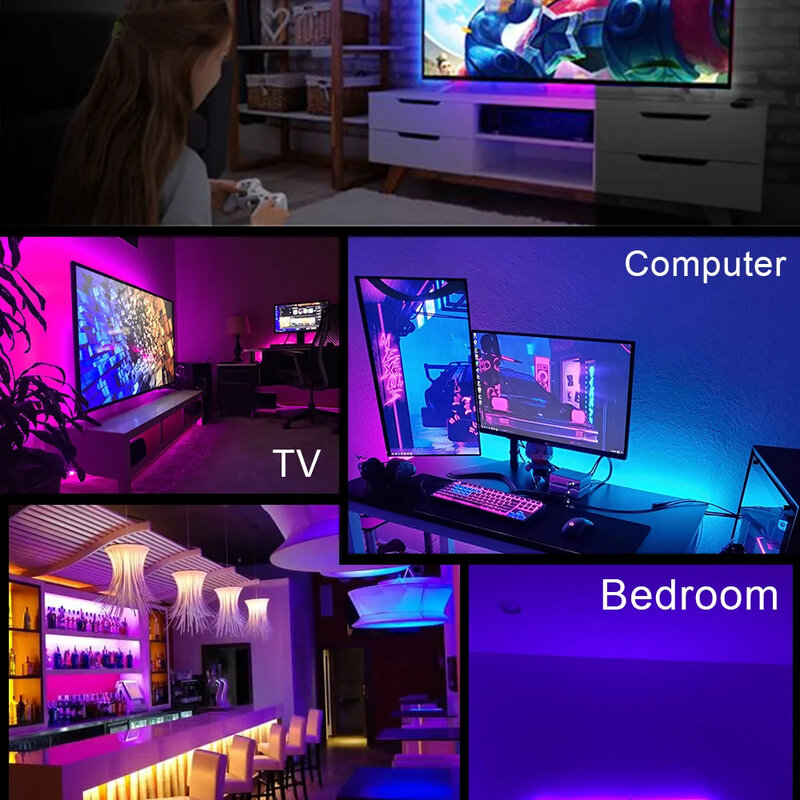RGB LED Light Strip, Efeito de iluminação, Fita flexível, Diodo Strip, TV Backlight, Decoração do quarto, 20 Key Control, SMD5050