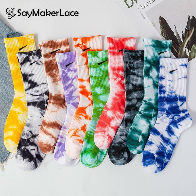 1Pair New Spring Summer Tie-dye Socks Hip-hop Pure Color All Cotton Man And Woman Socks