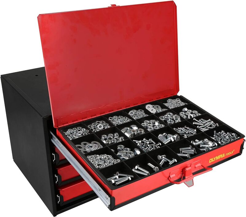 Olympia-tools 90-806 4段引き出しハードウェアオーガナイザー、小型ハードウェア、2500個、黒、赤が含まれています
