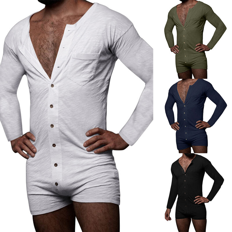 Men\\\\\\\'s Casual Long Sleeve Jumpsuits Short Trouser Pant Male Rompers Button Down Adult Romper New Homewear Clothes Pajamas