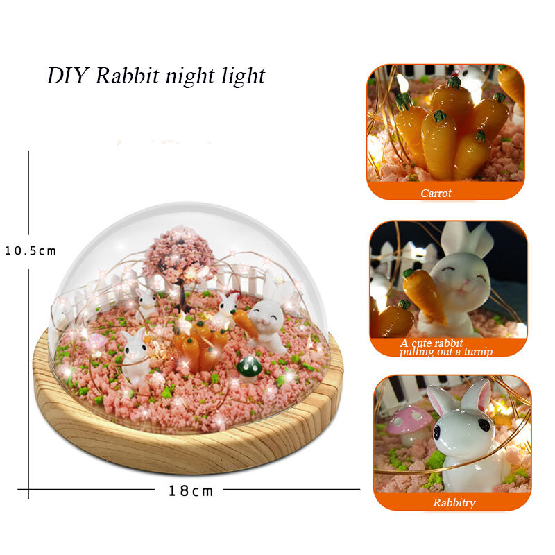 Conejo DIY luz nocturna ABS pulsador luz amarilla mesita de noche creativa dibujos animados lámpara de noche cumpleaños navidad regalo para niños