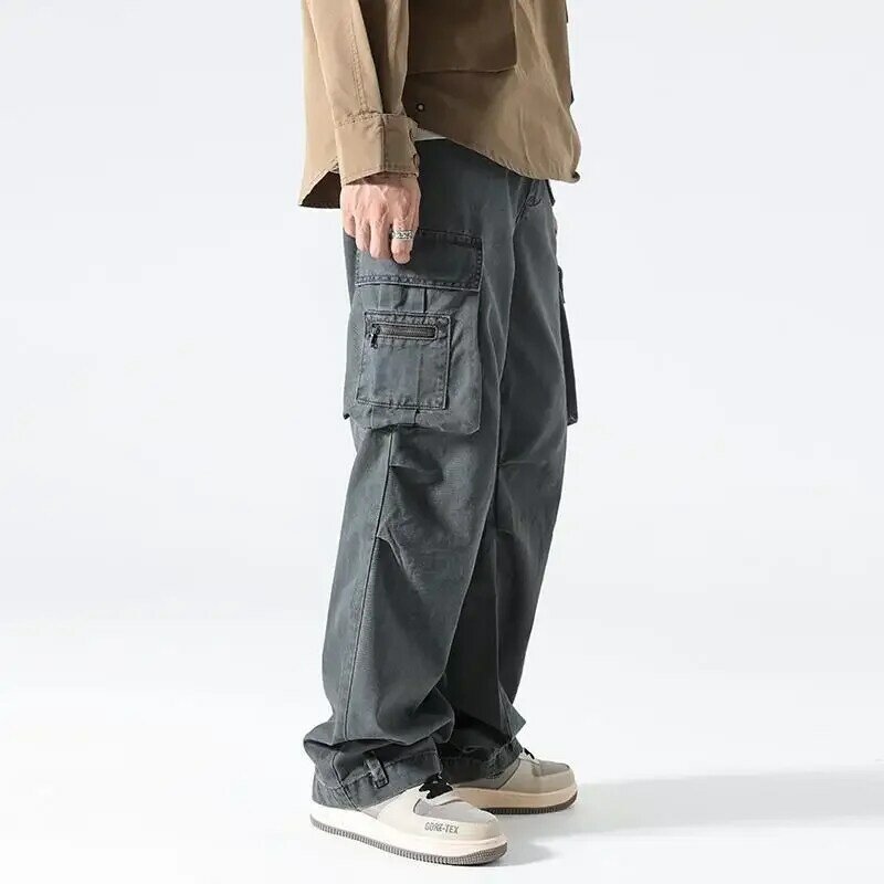 Брюки-карго мужские с множеством карманов, прямые штаны в стиле Харадзюку, с широкими карманами, роскошные уличные брюки стандартного кроя