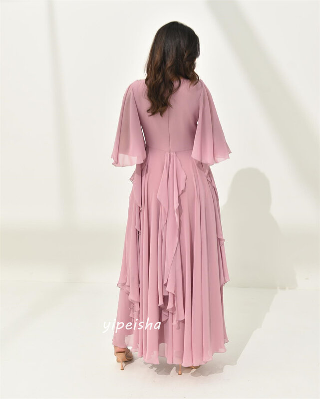 Платье для выпускного вечера Саудовская Аравия простой современный стиль Формальное вечернее с V-образным вырезом ТРАПЕЦИЕВИДНОЕ Бисероплетение драпированные шифоновые платья на заказ