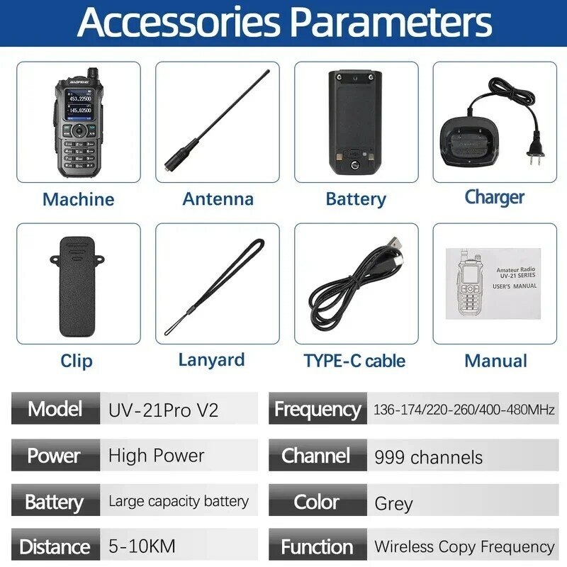 Baofeng-walkie-talkie piezas Pro, Radio bidireccional de alta potencia, frecuencia de copia inalámbrica de largo alcance, 999CH, UV 5R Ham, 2 UV-21