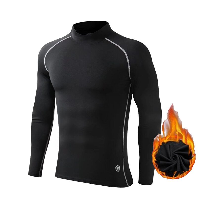 Camisa de compresión de manga larga para hombre, ropa interior térmica con cuello de tortuga, capa Base cálida, color negro, para invierno