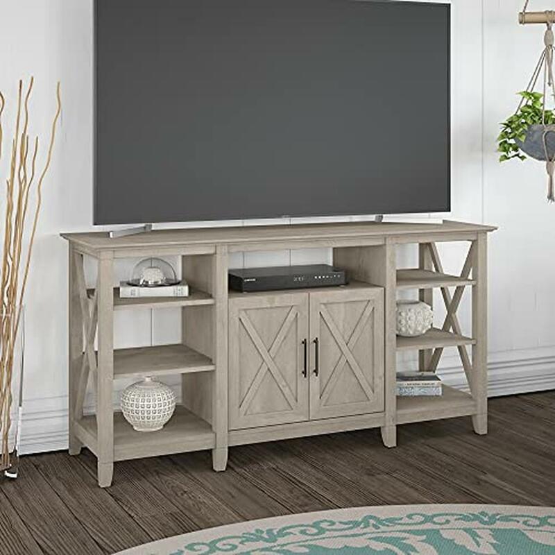 Adjustable 5 Shelf Bookcase with X Pattern Accent & Tall TV Stand with Concealed Storage in Washed Gray