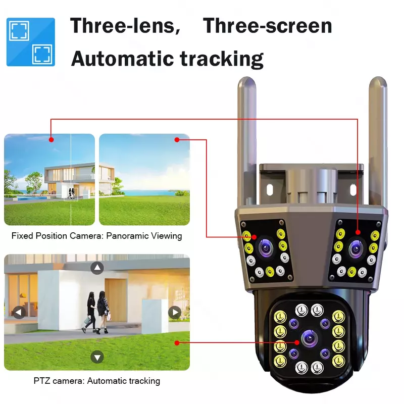 CANSITUM 12MP 6K WIFI IP Outdoor Camera Motion Tracking PTZ 4K Video Camera Three Lens Three Screen Waterproof Security System