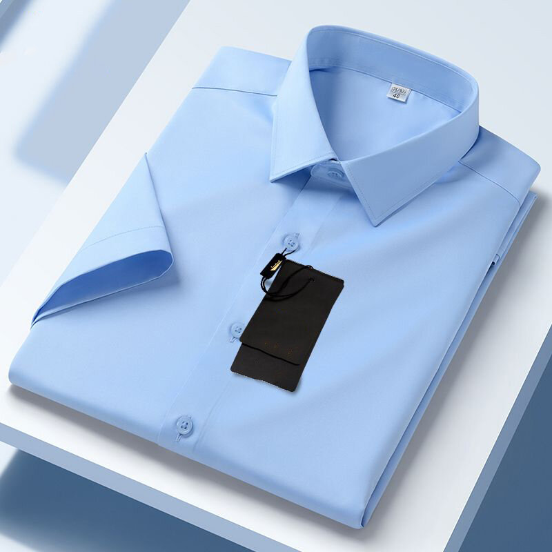 Nowa letnia bezszwowa elastyczna koszula z krótkim rękawem męska Business Casual jednokolorowa przeciwzmarszczkowa nie prasowana lodowy jedwab Cal koszula
