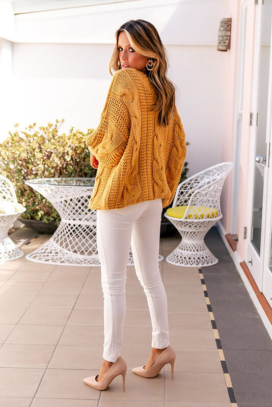 Camisolas de malha monocromáticas de manga comprida com decote em v feminino, suéter feminino, pulôveres casuais, amarelo, cinza, inverno e outono