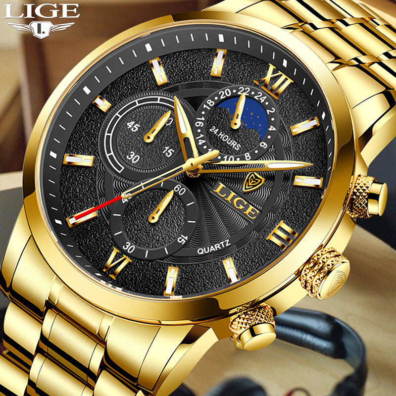 LIGE-reloj analógico de acero inoxidable para hombre, accesorio de pulsera de cuarzo resistente al agua con cronógrafo, complemento masculino deportivo de marca de lujo con diseño militar en color dorado