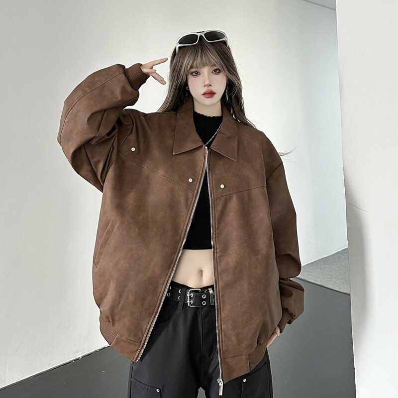 Brown Loose Jacket Women PU Leather Jacket And Women's Autumn Oversize High-end Rivet Jacket Trend