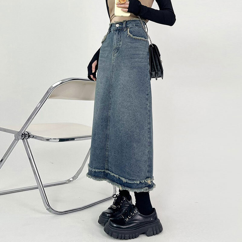 Jupe en jean épissée pour femmes, taille haute, jupe trapèze, jupes bleues coréennes, mode printemps, vêtements pour femmes, 2024