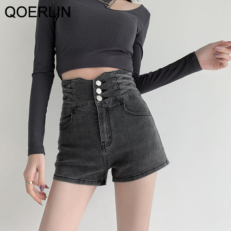 QOERLIN-pantalones vaqueros elásticos para mujer, pantalón corto de cintura alta, estilo coreano, con realce, 2022