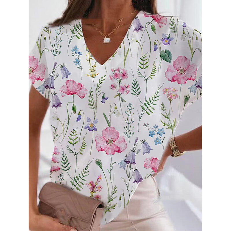 2024 modna bluzka damska koszulka z nadrukiem kwiatowym 3D lato nowy Trend uliczny z krótkim rękawem luźne bluzki z półrękawem Y2K z osobowością