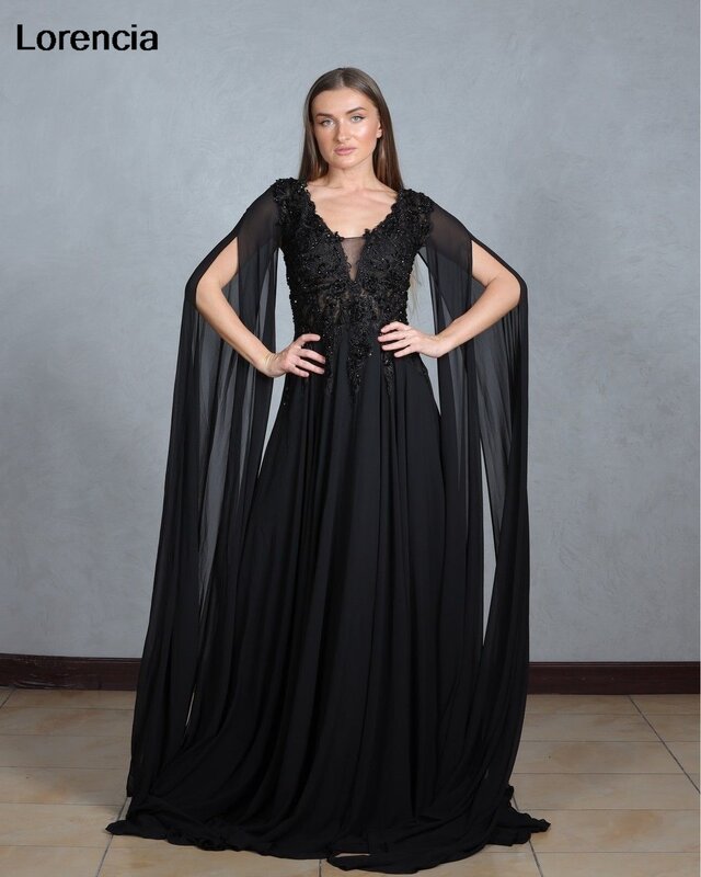 Lorencia czarna koronkowa suknia wieczorowa z koralikami z suknie na bal maturalny długimi rękawami z dekoltem w szpic szyfonowa formalna okazyjna sukienka imprezowa YED07