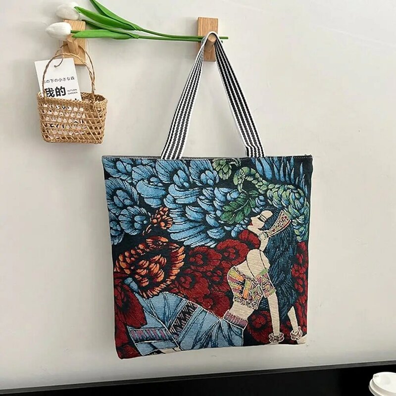 Women Elegant Painted Tote Bag Art Handbag Retro Leaf Flower Shoulder Bag Large Capacity Canvas Bag Oil Painting Storage Bag