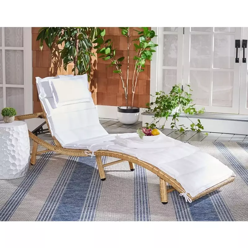 Ajustável Chaise Lounge Chair, Colley Natural Wicker, Almofada branca, Cadeira reclinável, Mobiliário relaxante gratuito, Coleção ao ar livre, Frete
