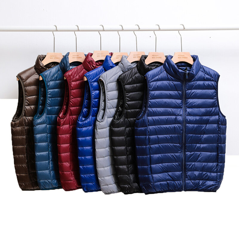 울트라 라이트 슬림 다운 코트, 남성 겨울 스탠드 칼라 얇은 재킷, 남성 방풍 패딩 조끼, 민소매 휴대용 오리털 조끼
