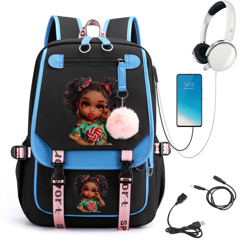 Sac à dos imprimé fille afro, sacs d'école mignons pour étudiants, cartable adolescentes, sac à dos pour ordinateur portable, chargement USB, beau