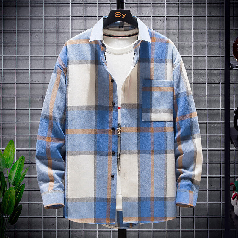 Camisa xadrez solta de manga comprida masculina, bolso impresso, moda casual, pendulares, primavera e outono, lapela impressa, elegante