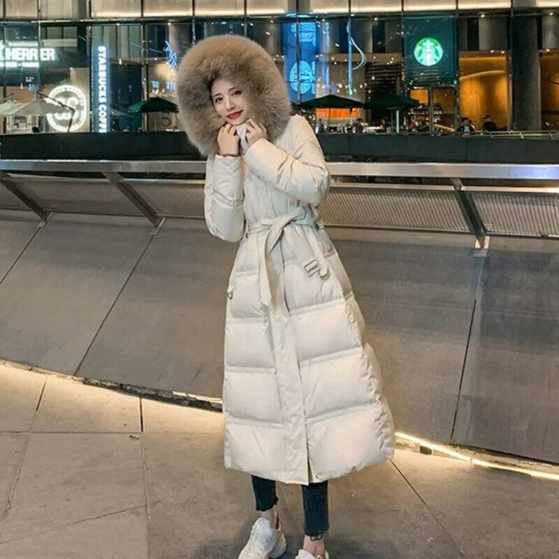 2024 여성용 다운 재킷, 중간 길이 버전 파카, 두껍고 따뜻한 슬림핏 아웃웨어, 후드 모피 칼라 오버코트, 겨울 코트, 신상