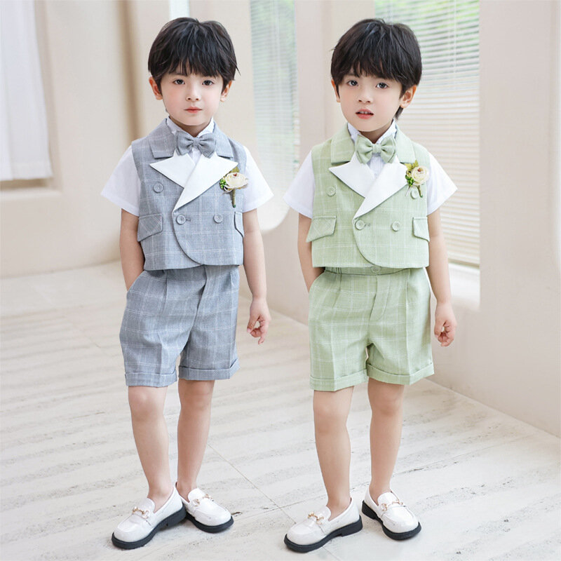 Children Soft Summer Vest Shirt Shorts Bowtie Photography Suit Boys Light Green Birthday Ceremony Costume Kids Wedding Dress