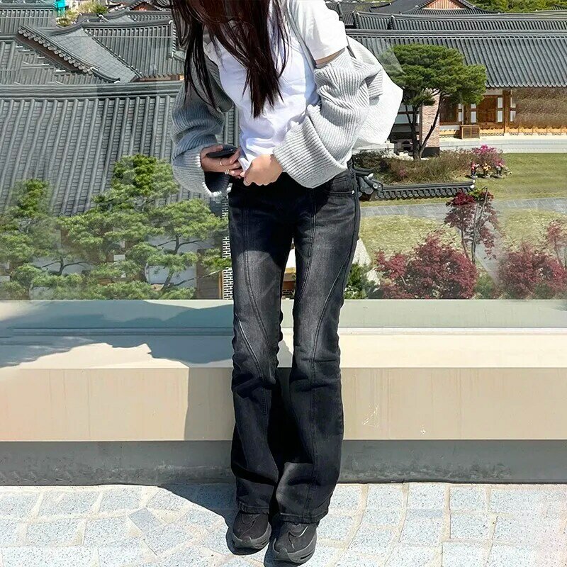 Винтажные состаренные джинсы Karrram с низкой талией, гранж, асимметричные джинсовые брюки с талией, модные черные расклешенные джинсы в Корейском стиле, уличная одежда Kpop