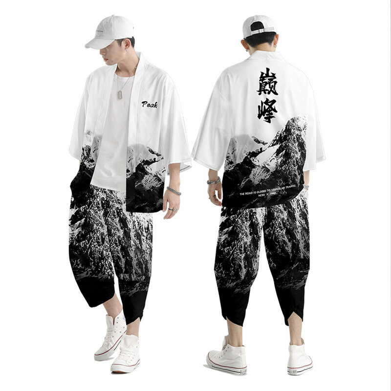 Conjunto de Kimono y pantalones con estampado de zorro negro para hombre, cárdigan de estilo japonés, blusa Haori Obi, ropa asiática, XXS-6XL