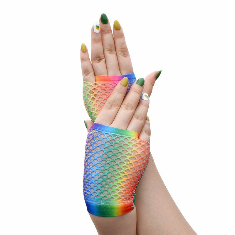 Sarung tangan panjang tanpa jari jaring ikan Neon baru pesta manset lengan kaki sarung tangan berongga cantik seksi wanita sarung tangan Neon