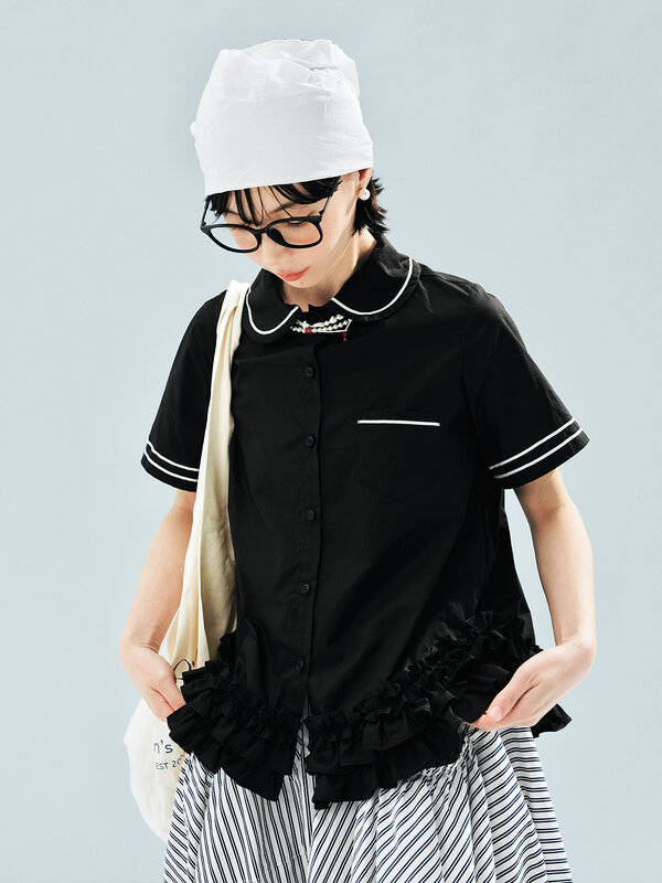 Оригинальный дизайнерский кардиган IMAKOKONI с лацканами и кружевом, женская рубашка с коротким рукавом, 244588