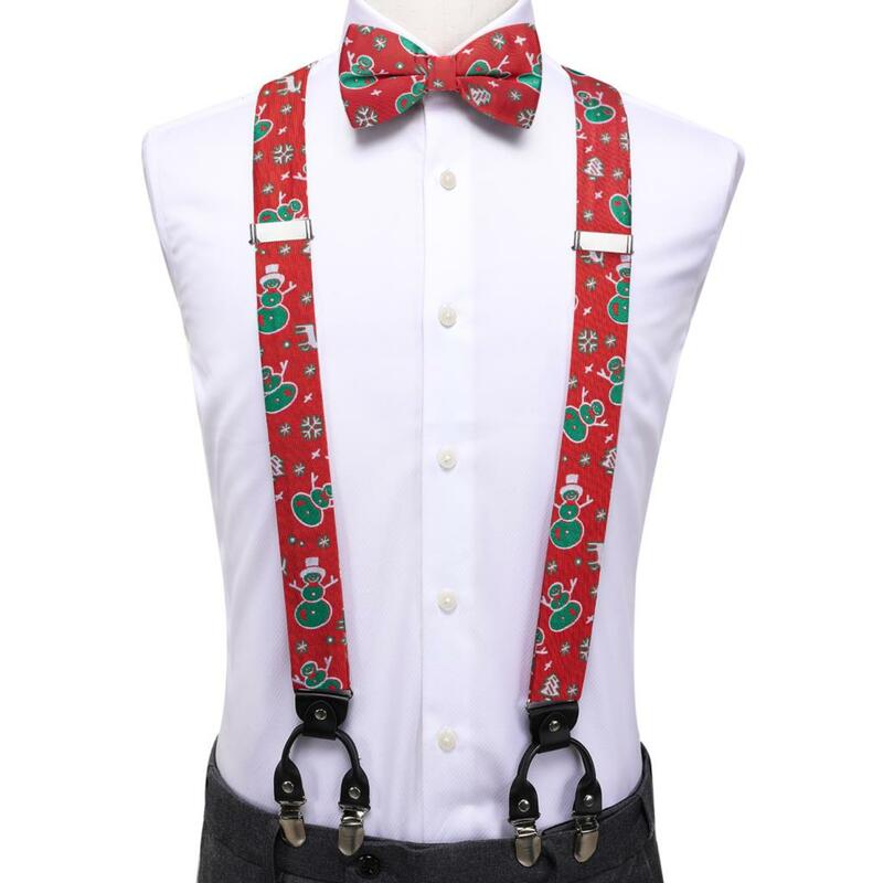 Suspender de Natal para homens, vermelho, verde, boneco de neve, seda, moda, gravata de Natal, couro, metal, 6 clipes