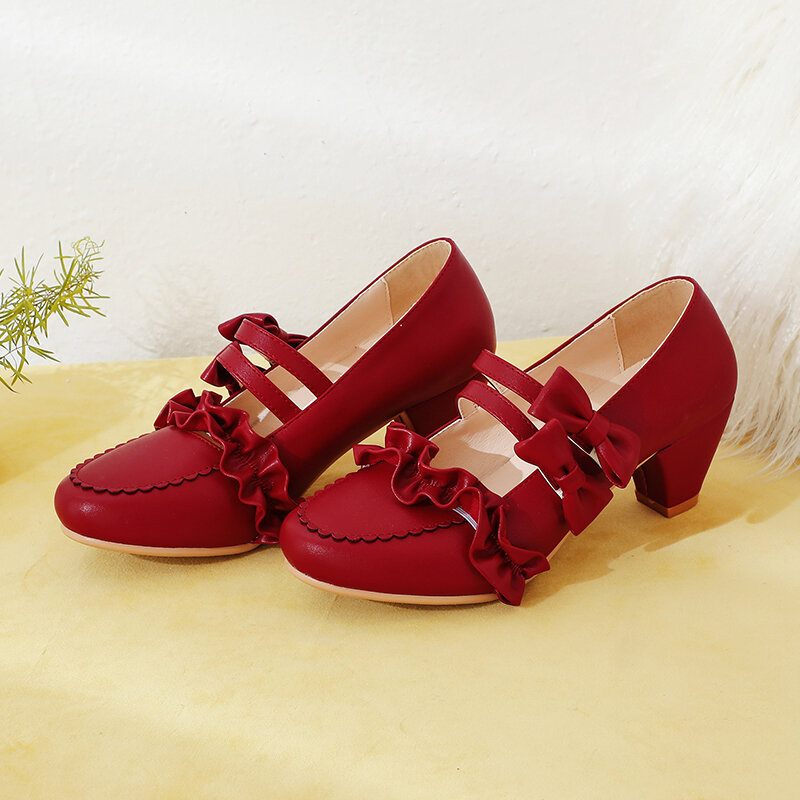 Sepatu perempuan lolita, sepatu hak tinggi 3 warna, sepatu wanita baru, ukuran plus, 22-28cm, panjang kaki, renda, gesper pita, lucu, 2022